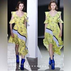 Self Portrait | Yellow Floral Asymmetrical Pleated Midi Cocktail Dress 2